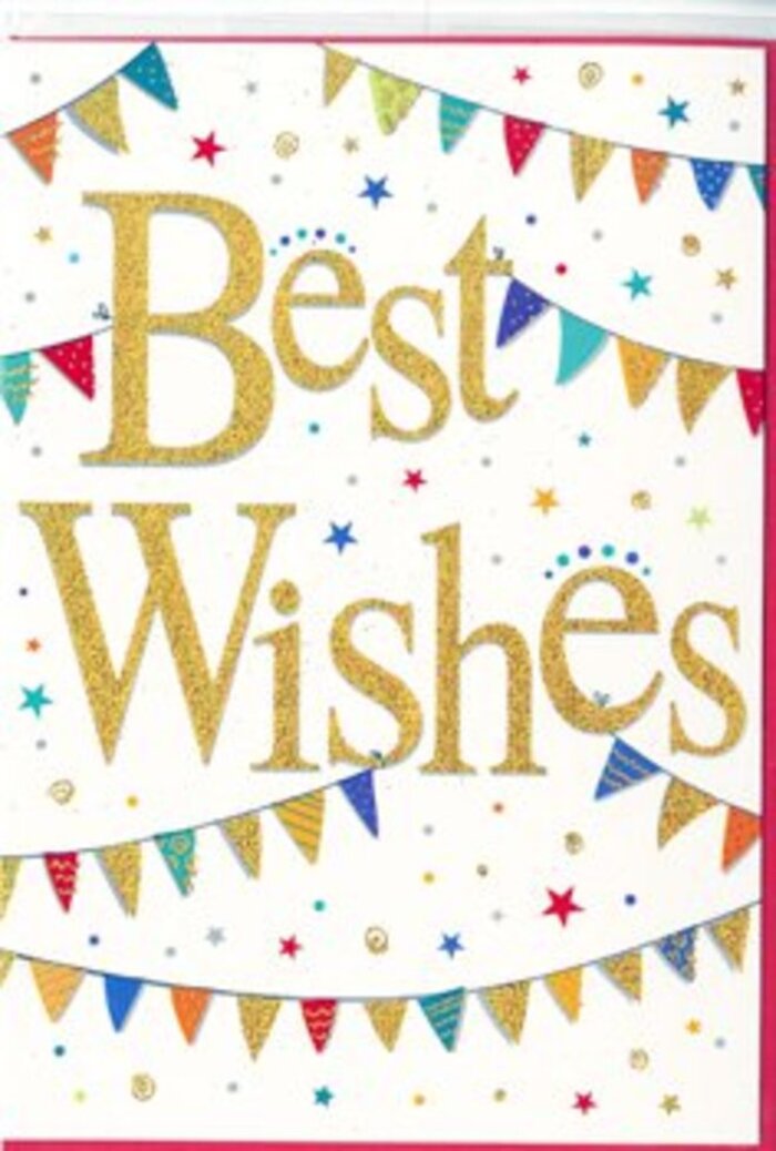 The image shows a joyful Best Wishes card that feels as if it has been inspired by a village fête on the green edges of Mill Hill. Dominating the centre, the words Best Wishes curve across the card in generous golden script, the letters wide and flowing with a hand-lettered charm. The gold has a glossy, foil-like sheen, catching and reflecting light in soft flashes that suggest both luxury and heartfelt warmth. Surrounding the sentiment, lines of colourful bunting sweep across the top and bottom of the design in gentle arcs, almost like a smile wrapped around the message. Each tiny pennant is uniquely decorated: some are solid blocks of jewel tones, others carry crisp stripes, tiny polka dots, or tessellated patterns reminiscent of patchwork quilts. Shades of deep blue, grass green, cherry red, lemon yellow, and magenta sit side by side, evoking the same carefree palette you might see at a summer fair in Mill Hill Park or along Daws Lane. Sprinkled among the bunting are petite star shapes and circular dots, as though confetti has just been thrown into the air and frozen mid-fall. These details, printed in coordinating colours, animate the negative space without overwhelming the clean white background. The card feels vibrant but not noisy, suitable for everything from a work promotion to a farewell party for someone moving just beyond NW7. You can almost imagine a florist at Flower Delivery Mill Hill sliding this card into an envelope beside a fresh bouquet, confident that its playful yet polished design will convey genuine appreciation, optimism, and support to whoever opens it.