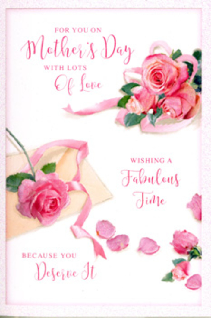 In this Mother's Day card artwork, the entire surface becomes a serene floral tableau, like a still moment captured in a Mill Hill florist's studio before the day's deliveries set out. A trio of lush pink roses anchors one corner, their petals densely layered and delicately curled, displaying a spectrum of pinks from soft blush at the outer edges to deeper, more saturated tones toward the centre. Nearby, additional roses unfurl, some appearing in fuller bloom, others gently opening, creating the impression of a naturally gathered bouquet rather than a rigid arrangement. A scattering of individual petals drifts across the creamy white background, each petal uniquely curved, as though they have fallen from a freshly cut bunch resting on a counter overlooking Mill Hill Park. Threaded through the design, a pastel ribbon meanders around the main cluster, looping in loose, graceful arcs that suggest the practiced hands of an expert florist tying the final bow on a Mother's Day gift. The ribbon's soft sheen catches the light, subtly highlighting its edges and giving it a tactile, satin-like quality. Over and around the flowers, flowing hand-lettered text conveys a message of love, appreciation, and relaxation, the script gently slanted and slightly whimsical, as if written in one smooth, heartfelt gesture. The overall lighting feels warm and tender, reminiscent of late-morning sunshine filtering through a window on Daws Lane, illuminating the delicate textures without harsh shadows. The card's composition balances romance and calm, inviting the viewer to imagine pairing it with a fresh bouquet delivered across Mill Hill, creating a complete gesture of gratitude for a cherished mother.