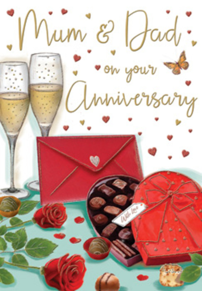 The illustrated anniversary card presents a lovingly composed scene that feels right at home in Mill Hill, as if set on a dining table just off a quiet residential lane. In the foreground, two sumptuous red roses rest casually yet elegantly, their petals full, velvety, and layered in deep ruby shades that suggest both passion and long-lasting affection. Their surrounding foliage is lush and green, with subtle highlights catching the light, evoking the tidy hedges and mature trees that characterise much of the area. Next to the blooms, an open heart-shaped box of chocolates takes pride of place. Its interior is carefully divided, revealing a selection of neatly arranged truffles, while a couple of chocolates have been lifted out and lie invitingly on the table, adding a touch of relaxed indulgence. The box lid leans nearby, adorned with a broad red bow whose loops and tails are drawn with a sense of soft movement, mirroring the gentle curve of ribbon one might tie around a bouquet for an anniversary delivery. Behind this tableau, two tall champagne flutes stand in close companionship, filled to a generous height with golden sparkling wine. The bubbles are captured mid-rise, like tiny threads of light, suggesting the sound of a gentle clink just about to happen. Scattered across the background are tiny crimson and gold hearts, framing the tender Mum & Dad message in an affectionate handwritten style. A rich scarlet envelope lies off to one side, its flap closed, implying a handwritten note filled with memories and gratitude. The overall ambience is warm and softly glowing, a tribute to shared milestones and quiet, heartfelt celebrations in Mill Hill homes.