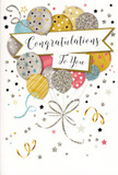 In this image, a celebratory congratulations card stands proudly, its front designed like a sky filled with party balloons drifting above Mill Hill's rooftops. A graceful banner stretches across the centre, tinted in a soft neutral shade and lettered with Congratulations To You in refined, flowing calligraphy that feels warm and sincere. Clustered behind and around this banner are rounded balloons in coordinating hues of brushed gold, polished silver, champagne, sky blue, blush pink and gentle grey. Each balloon carries its own decoration-some wear vertical glitter-style stripes, others are sprinkled with tiny stars or shimmering dots-creating a lively mix of textures while maintaining a calm, elegant palette. The artist's use of gentle highlights and shadows gives the balloons a three-dimensional look, as though they could tug lightly at their strings. From their bases, slim golden and silvery ribbons trail downward in loosely curling lines, meeting in a delicate tangle at the base like the gathered stems of a bouquet. Around the balloons, small metallic stars and swirling confetti shapes drift across a soft, pale background, suggesting movement and the lightness of a celebration in full swing, perhaps after a graduation ceremony or work achievement in Mill Hill East. The card feels joyful yet polished, a perfect companion to a thoughtfully arranged floral gift when you want to convey real pride and happiness without saying a word out loud.