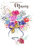 This Mother's Day card portrays a joyful, loosely painted bouquet that seems to have been created in one inspired sitting by a Mill Hill florist who understands both colour and sentiment. At the centre, rich cerise and magenta flowers unfurl with soft, rounded petals, their shapes defined by elegant strokes of deep indigo that give each bloom personality. Cooler blue and lavender flowers nestle between them, adding gentle contrast and a soothing calm, much like the peaceful corners of Mill Hill Park on a bright spring afternoon. Fine accents of gold glimmer along the rims of petals and leaves, suggesting sunlight catching fresh blooms in a shop window on Daws Lane. The bouquet rises from a simple, curving vase at the bottom of the card, its form lightly washed in watercolour and finished with the impression of a golden ribbon bow, echoing the feel of a carefully tied hand-tied bouquet. Surrounding the main arrangement are scattered flecks of colour, soft splashes, and small heart motifs, as if the air around the flowers is alive with joy and gratitude. The white background keeps the focus firmly on the vibrant composition, making every hue appear brighter and more heartfelt. The image captures the essence of Mother's Day in Mill Hill: a warm, affectionate celebration expressed through flowers, artistry, and the simple wish to say thank you in a way that lasts longer than any spoken words.