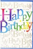 The image displays a richly decorated birthday card that radiates celebration, much like a cheerful window display along Mill Hill Broadway. At the heart of the design, the phrase Happy Birthday is printed in large, bold letters that step across the card in a full rainbow of colour: deep red melting into bright orange, sunshine yellow drifting into fresh green, followed by clear sky blue and royal purple. Each letter feels as though it has been dipped into a painter's palette, the hues subtly blending at the edges to create a soft, gradient effect reminiscent of petals shading from one colour to another in a carefully crafted bouquet. Behind this vivid text, the backdrop is filled with a repeated message of Happy Birthday to you written in an elegant gold script that flows in looping, cursive lines. The golden writing catches the light as if the card were tilted near a window overlooking Mill Hill Park, adding a quiet shimmer that contrasts with the bold central lettering. Scattered lightly across the front are tiny stars and specks in coordinating colours and delicate metallic tones, evoking confetti tossed in the air or the sparkle of fairy lights at a birthday gathering. The card's finish has a smooth, semi-gloss look, suggesting a pleasant, almost silky touch. Together, the rainbow headline, the soft golden script, and the subtle glittering details create a design that feels joyful yet refined-an ideal companion to a vibrant birthday bouquet delivered to someone special in Mill Hill, turning an ordinary moment into a day to remember.