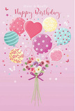 A whimsical birthday scene unfolds like a storybook illustration inspired by a stroll through Mill Hill on a bright spring day. The backdrop is a soft, rosy pink, calm yet celebratory, against which a cluster of pastel balloons drifts gently upward. Each balloon has its own charming personality: some spin with candy-coloured stripes, others are scattered with playful polka dots, and one heart-shaped balloon radiates warmth at the centre, symbolising affection and close-knit celebrations. Their hues-blush pink, seafoam green, buttery yellow, and soft lavender-gleam as if catching natural light from a nearby window. At the base of the balloons, a rounded bouquet gathers, filled with delicate roses and anemone-like blooms in creamy ivory, powdery pink, and dusky mauve. The petals appear feathery and soft, like they would brush gently against your fingertips, and you can almost picture the light, sweet scent drifting through a home near Mill Hill East. A violet satin bow ties the stems in a tidy knot, its smooth, reflective surface adding a touch of refined elegance. Scattered around the bouquet are tiny stars and fluttering butterflies, subtle yet enchanting details that lend a fairy-tale feel without overwhelming the design. The overall impression is light, airy, and full of joy-perfect for a birthday greeting that feels more personal than a simple card. It suggests the same care and creativity a local Mill Hill florist would bring to arranging a pastel balloon and flower gift for a truly unforgettable celebration.