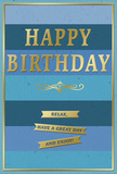 A beautifully composed birthday card is pictured, designed in calming shades of blue that seem to echo the tranquil atmosphere of Mill Hill's leafy streets. The background is made up of broad, horizontal stripes, each a slightly different hue, transitioning smoothly from dark navy at the base to lighter ocean, teal, and sky blue towards the top, creating a gentle ombré effect that suggests depth without distraction. Dominating the centre, the words HAPPY BIRTHDAY are written in stately, all-capital gold lettering, the text embossed so that it stands proudly above the surface of the card, catching and reflecting light with a subtle metallic glow. Just beneath this main greeting rests a delicate gold flourish, elegantly curved like ornamental scrollwork, separating the headline from the sentiment below. Further down, three narrow gold banners are aligned one above another, each one inscribed with part of the warm birthday wish: Relax, have a great day and enjoy! Their simple phrasing reinforces the card's message of ease, comfort, and quiet celebration. A thin gold frame runs around the edge of the card, enclosing the composition in a tidy border that feels reassuring and complete, much like the finishing touch of greenery surrounding a professionally arranged bouquet. The card stock appears thick and smooth, with a matte finish that softens the blues and makes the gilded elements glow gently, as if illuminated by late-morning light in a Mill Hill home. It is the sort of card you might choose to accompany a thoughtful birthday delivery, offering both visual calm and heartfelt cheer.