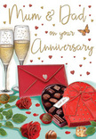 This detailed anniversary card illustration portrays a cosy, romantic celebration scene that could easily be imagined in a Mill Hill living room on a special evening. At the centre of the arrangement, plump red roses, with petals so thick and velvety they almost seem touchable, rest against a base of deep green leaves, echoing the natural tones found in local parks and suburban gardens. To their side sits an open, heart-shaped chocolate box, its inner compartments carefully drawn to show an assortment of truffles. Some remain nestled inside, while a few have been playfully placed on the tabletop, giving the impression of shared treats and relaxed conversation. The lid of the box, trimmed in red, is dressed with a generous, satin-like bow, the loops and tails flowing in rich crimson that perfectly complements the roses. Slightly behind, two slim champagne flutes rise together, filled with pale golden fizz, the bubbles suspended as though caught mid-toast. Soft reflections dance along the glass, hinting at gentle lighting, perhaps from a nearby lamp or candles set for an anniversary dinner. Scattered gold and crimson hearts float across the background, framing the affectionate Mum & Dad inscription in a casual yet elegant script, adding a heartfelt family touch. A bright red envelope rests nearby, its colour bold and inviting, suggesting a handwritten message filled with love and memories, just waiting to be opened. The composition, reminiscent of something curated by an experienced local florist, conveys warmth, gratitude, and the quiet joy of parents celebrated by those they love in Mill Hill.